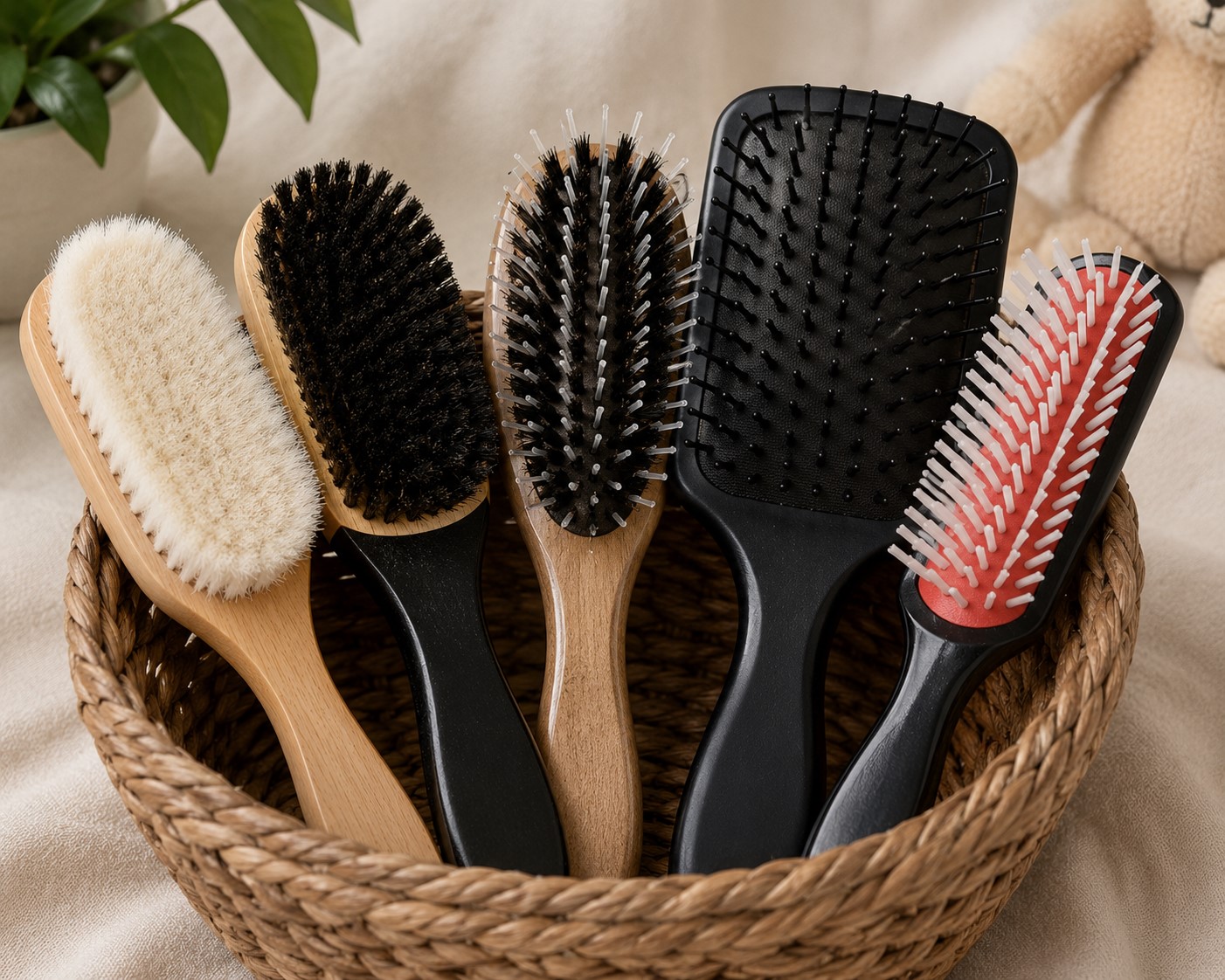 different brushes on a wicker basket